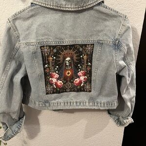 Allegra K Light Blue Jean Jacket with Artistic Back Design
